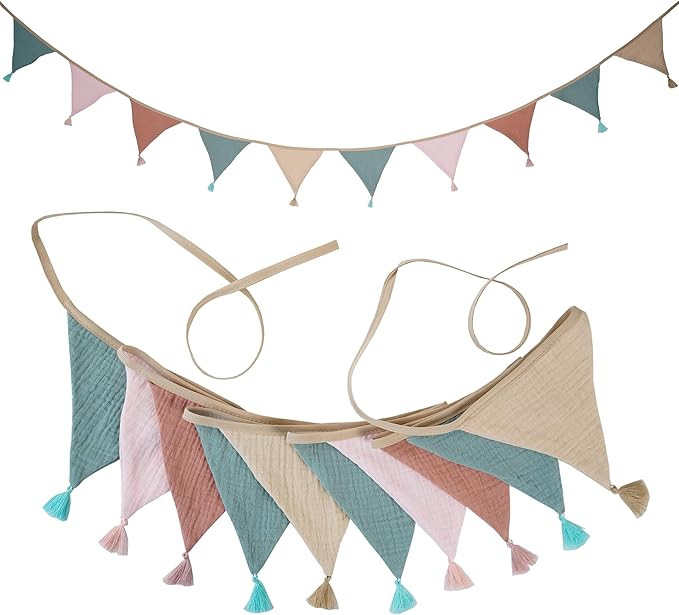 Fabric Bunting Banner, 2 Pack Handmade Neutral String Banner with Tassel Each 8.5 ft 10 Flags Nursery Wall Hanging Wedding Birthday Home Baby Shower Party Decoration Bunting (Light Candy 2 Packs)