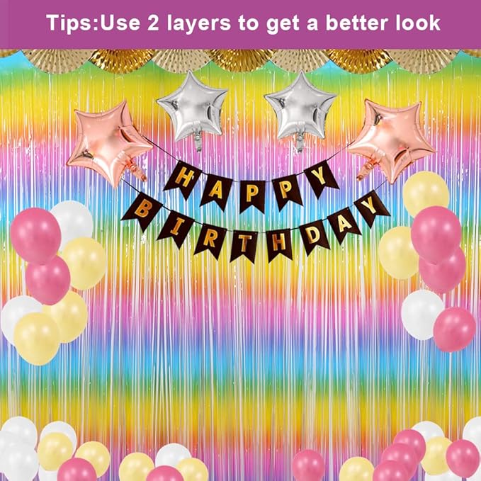 3 Pack Fringe Curtains Party Decorations,Tinsel Backdrop Curtains for Parties,Photo Booth Wedding Graduations Birthday Christmas Event Party Supplies (Macarone Rainbow