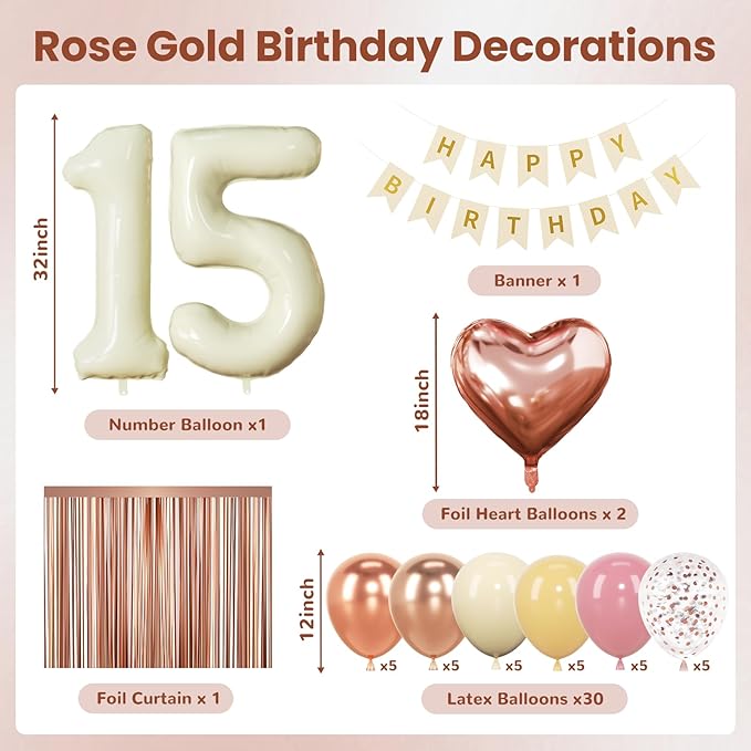 15th Birthday Decorations for Girl, Quinceanera Mis Quince Party Supplies, Retro Sand White Balloon Garland Kit, Cream Number 15 Balloon, Pink Happy Birthday Banner
