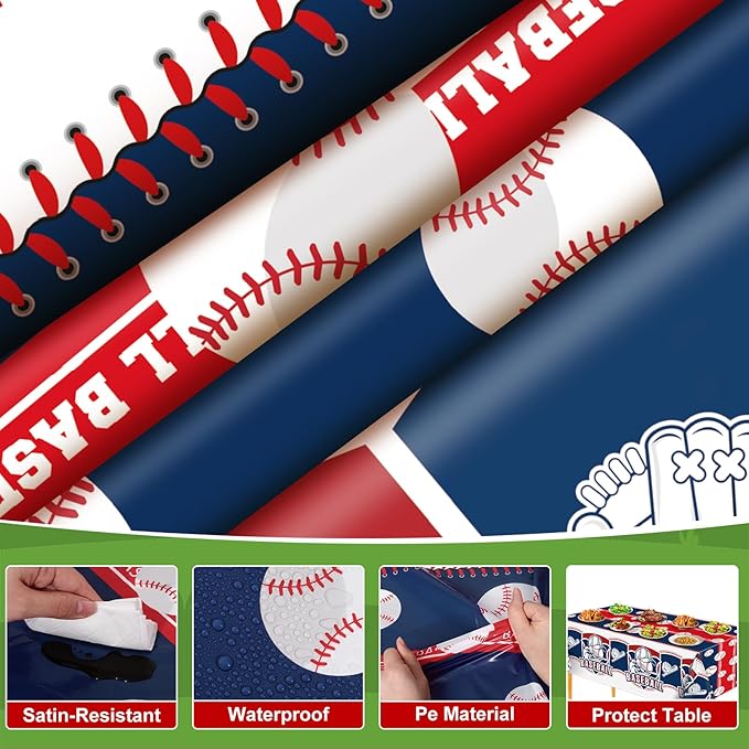 3 Pack Plastic Baseball Tablecloth, 54 x 108 Inch Disposable PE Baseball Party Tablecloth Waterproof Rectangle Baseball Theme Party Table Cover for Baseball Party Decorations