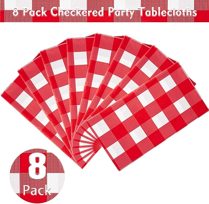 Kesfey 8 Packs Red and White Checkered Tablecloths 54 x 108 Inches Disposable Rectangle Red Gingham Table Cloth Waterproof Plastic Picnic Party Plaid Tablecovers for Picnic BBQ Family Outings