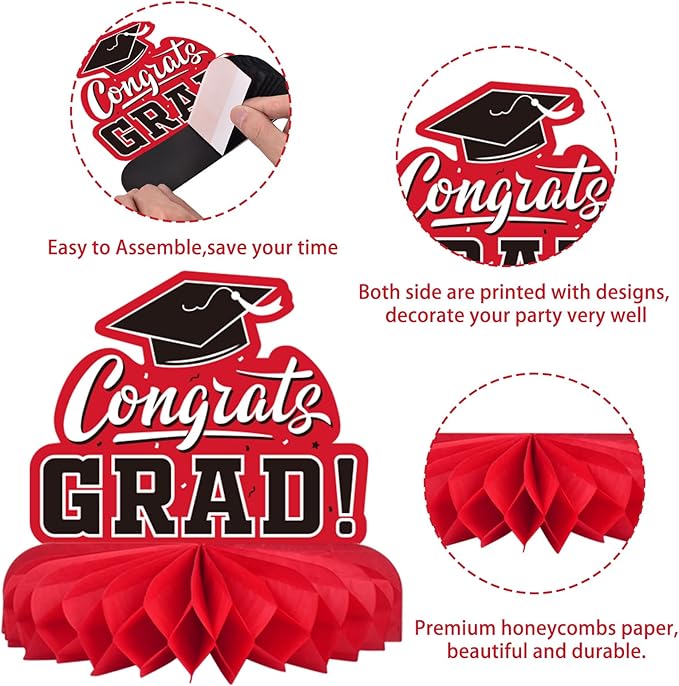 9PCS Graduation Decorations 2026 Congrats Grad Table Centerpiece Congratulate Graduation Honeycomb Table Toppers for Graduation Party Supplies(Red,Black）