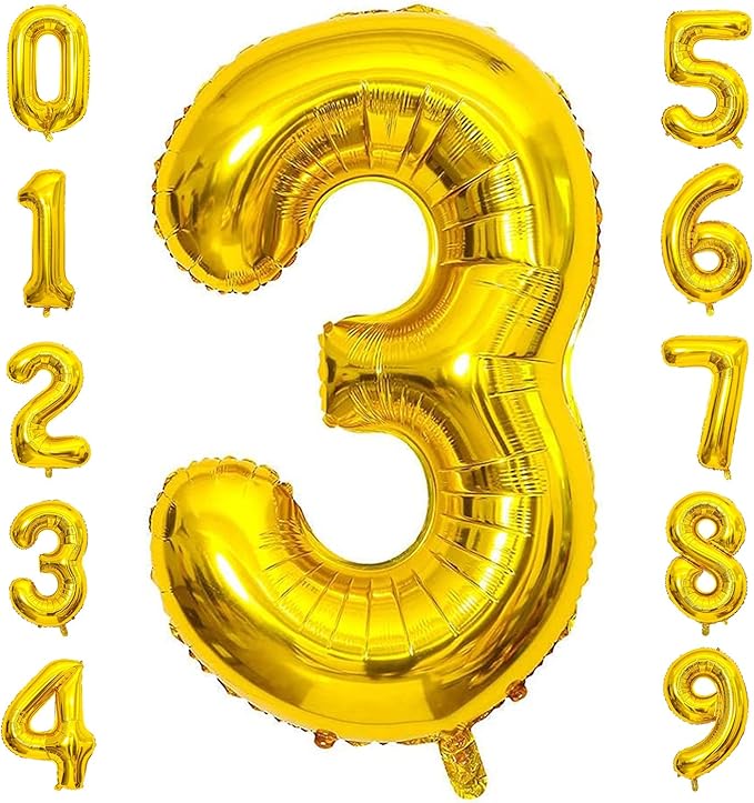 Gold Number 3 Balloon, 40 Inch Large Number Foil Mylar Balloons for 3rd Girl Boy Birthday Party Celebration Decorations Supplies, Digital Balloons for Wedding Anniversary Events Decor