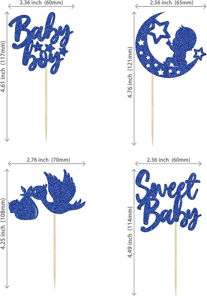 24Pcs Sweet Baby Boy Cupcake Toppers Moon Star Glitter Baby Shower Cupcake Picks Decorations for Gender Reveal Baby Shower Kids Boys Birthday Party Supplies Deep Blue