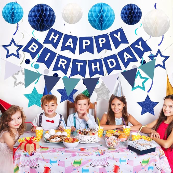 Blue Birthday Decorations, Happy Birthday Banner with Honeycomb Balls, Stars Hanging Swirl Streamers, Buntings Circle Dots Garland, Party Decorations for Women Men Boys Girls (Blue)