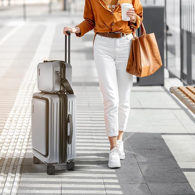 TRAVELARIM 20 Inch Carry On Luggage 22x14x9 Airline Approved, Carry On Suitcase with Wheels, Hard-shell Carry-on Luggage, Durable Luggage Carry-On, Grey Small Suitcase with Cosmetic Case