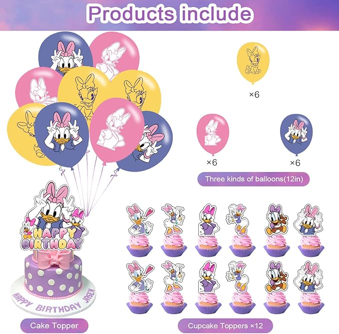 Daisy Duck Party Decoration Set - Movie Theme Banner, Cake Topper, Latex Balloons for Fan's Birthday Supplies