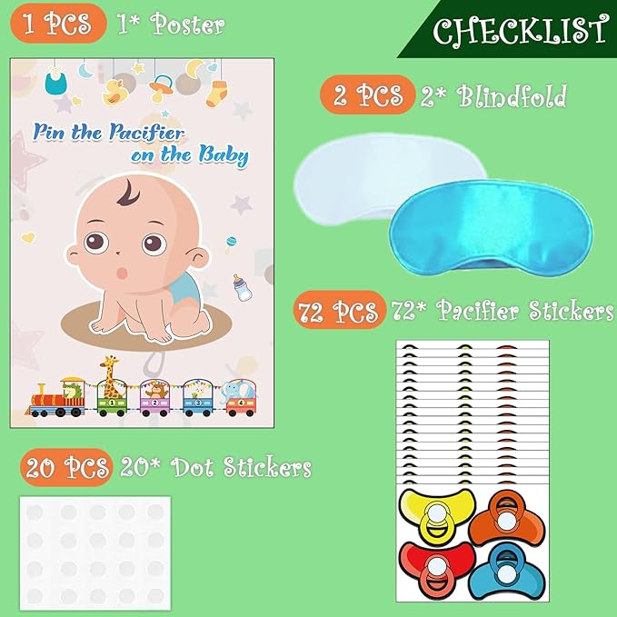 T-Antrix Pin The Pacifier on The Baby Game -Baby Shower Party Games with 21'' x 28'' Poster, Reusable Pacifiers Party Supplies for Kids Birthday Party Favor Sets
