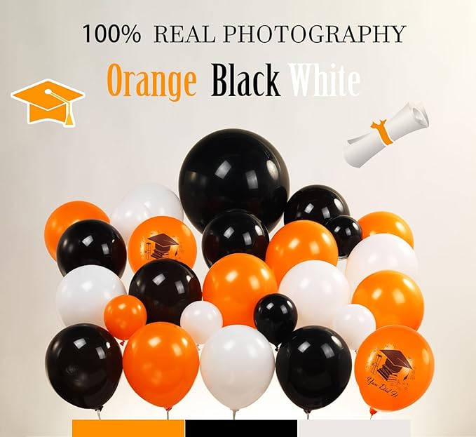 Orange Graduation Balloon Garland Arch Kit 117PCS with Graduation Star print Certificate Letter Mylar Foil Balloons for Graduate Class of 2026 Grad Prom party Decorations Supplies (Orange Black White)
