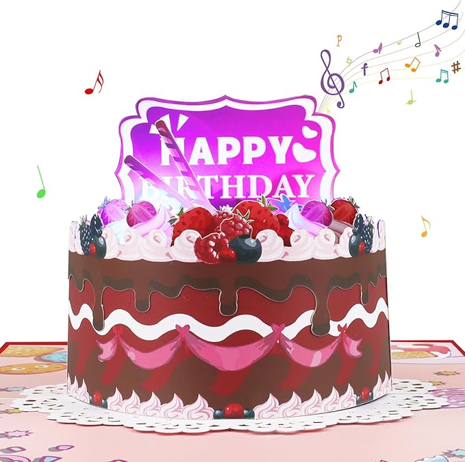Strawberry Round Cake Music Playing Pop Up Happy Birthday Greeting Card with LED Light, Love Gift for Adult and Kid with Blank Note & Envelope, Celebration for Daughter, Son, Mom, Dad