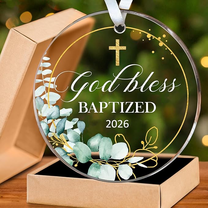 HEXMOZ Christian Easter Baptism Gifts for Boys, Girls, Adults - God Bless Baptized Ornament 2026 - Cross Christening Gift for Baby Boy Girl Godson Goddaughter - Acrylic Christmas Keepsake Decoration