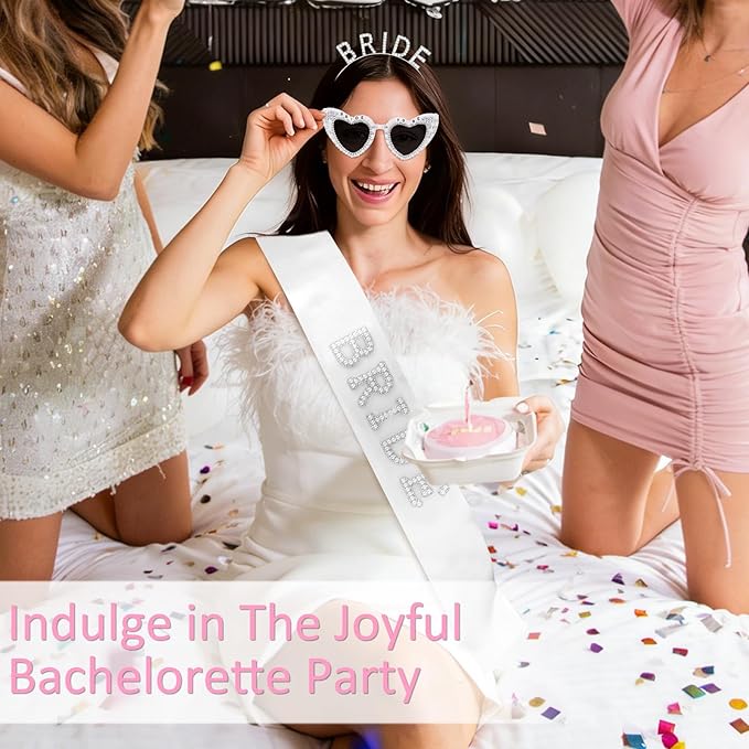 Bride To Be 3-Piece Set - Rhinestone BRIDE Headband, Pearl Heart Sunglasses & Rhinestone Sash for Bachelorette Party, Bridal Shower & Wedding Celebrations