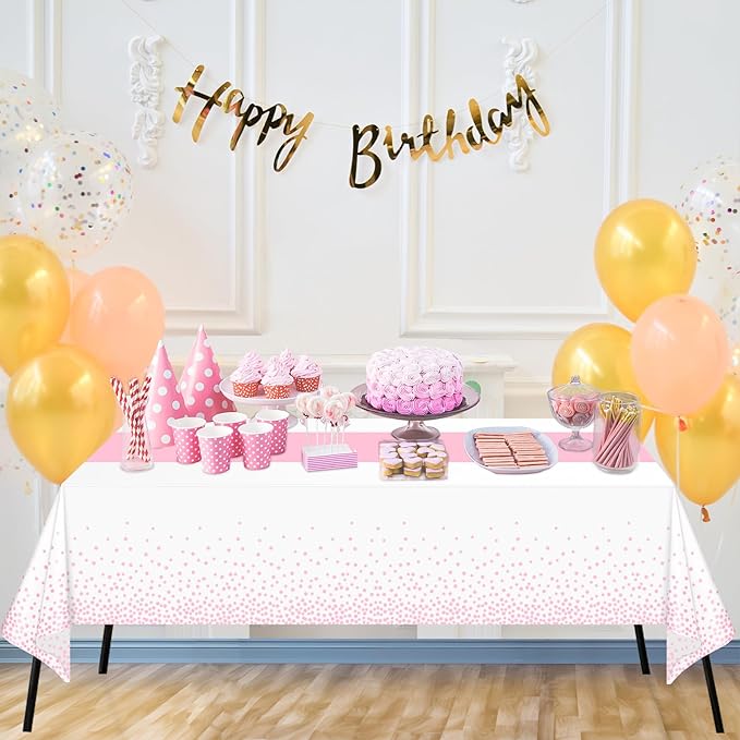 WNINK 2 Pack White and Light Pink Tablecloths, Light Pink Disposable Plastic Waterproof Table Cover, 54" x 108", for Birthday, Baby Shower，Wedding, Bridal Shower, Picnic Camping Parties