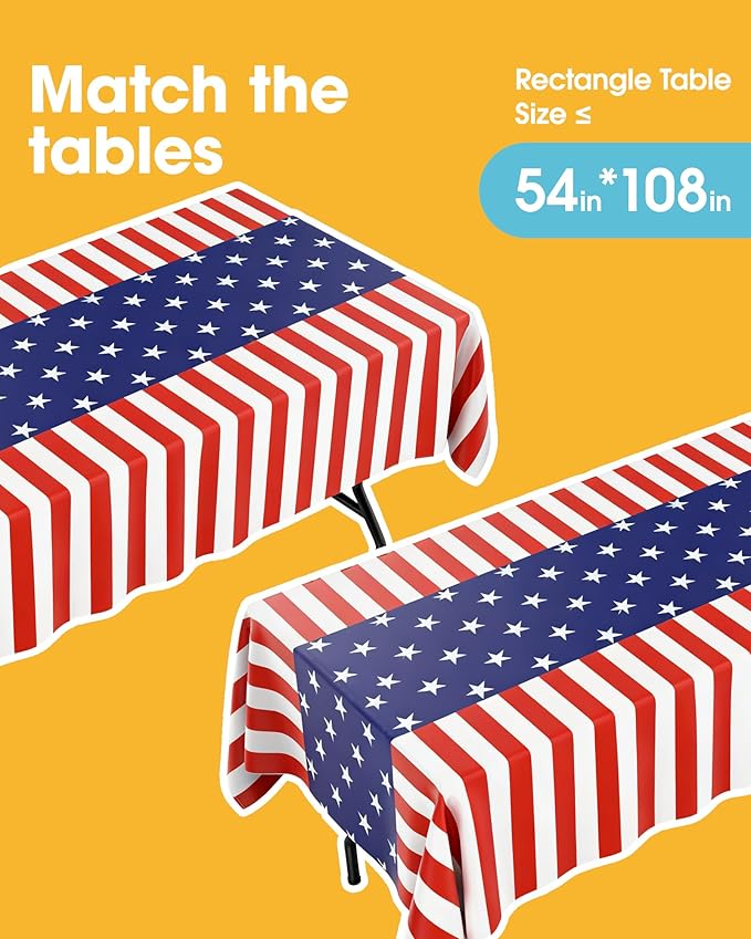 American Flag Plastic Table Cloth - 4 Pack 54" × 108" Rectangle Disposable Tablecloths for 6FT Tables, Table Cover for Party, Holiday & Gathering Use
