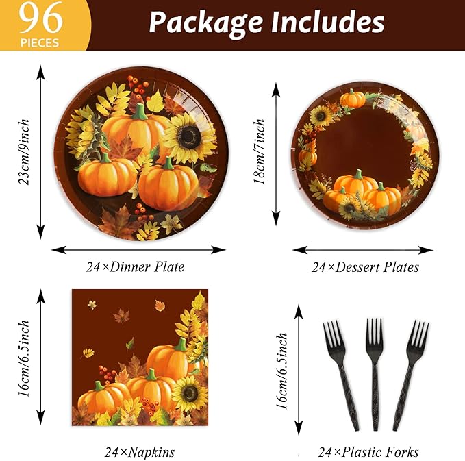 chiazllta 96 Pcs Thanksgiving Party Paper Plate and Napkins Supplies Fall Pumpkin & Sunflower Dessert Plates Thanksgiving Disposable Tableware Paper Plates Napkins Forks for Party Favors 24 Guests