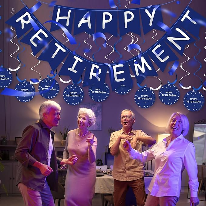 Retirement Party Decorations for Men Women Blue Silver Happy Retirement Banner Hanging Swirls Kit for Retire Party Decor Supplies