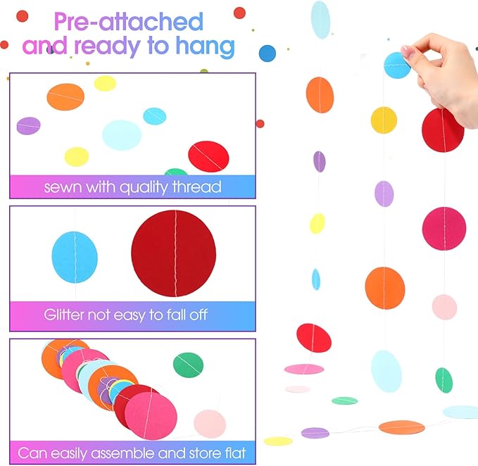 Syhood 10 Pcs Party Decorations Paper Dot Circle Garlands Glitter Streamers Hanging Banner Decor for New Year Baby Shower Wedding Birthday Backdrop Supplies (Mirror Rainbow)