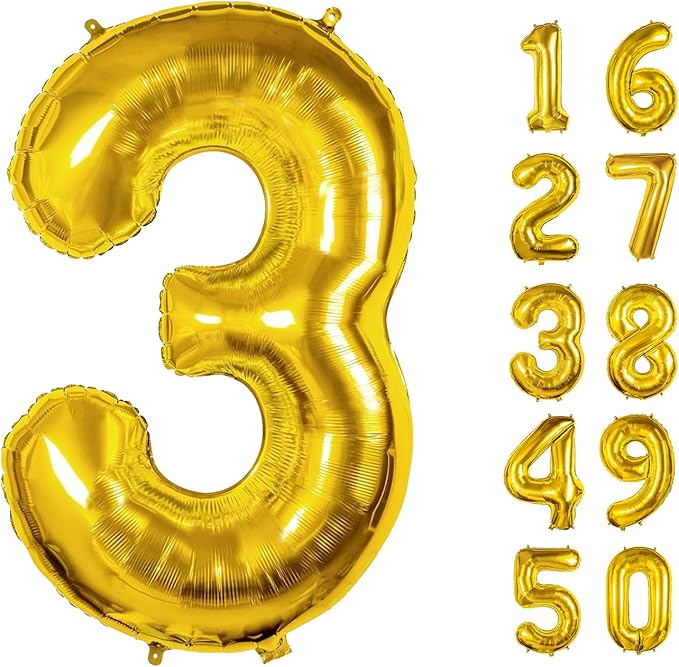 40 Inch Number Balloons 3 Gold Big Giant Jumbo Number Foil Mylar Balloons for 3th Birthday Party Supplies Anniversary Events Decorations (Gold-3)