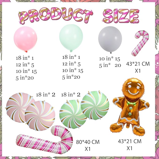 Christmas Balloon Garland Arch kit green pink balloon with Gingerbread Balloon Cane Candy Foil Balloons for Christmas Party Decorations Xmas New Year Birthday Party Supplies globos de navidad