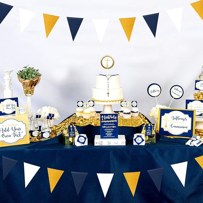 Navy-Blue White-Gold Party Decorations Banner - 2 Pack Men Birthday Graduation 2026 Glitter Sprinkles Paper Pennant Triangle Flags, Fathers Day Wedding Baby Bridal Shower Bunting Lasting Surprise