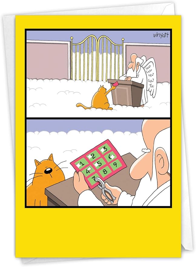 NobleWorks - 1 Hilarious Greeting Card for Birthday - Funny Birthday Cartoon, Comic Notecard - Nine Lives C4169BDG