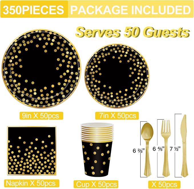 350PCS Black and Gold Paper Plates Party Supplies for 50 Guests Disposable Party Decorations Dinnerware Golden Dot Black Paper Plates Napkins Cups Gold Plastic Forks Knives Spoons for Parties