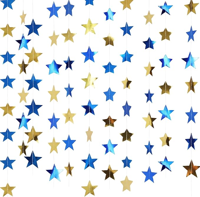 Spakon 65 Feet Glitter Star Shaped Paper Garland Banner Hanging Decoration Star Streamer Double Side 2026 Graduation Decorations for Wedding Birthday New Year Party Decoration (Gold and Blue)