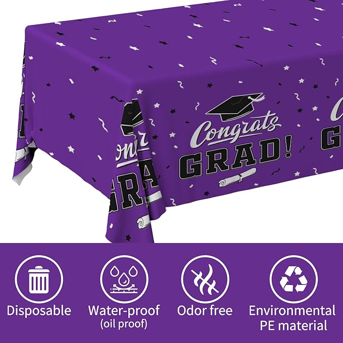 Gatherfun Graduation Party Decorations, Gongrats Grad Tablecover for Graduation Party Supplies, 3 pcs Purple Table Cloths, 54"x108"