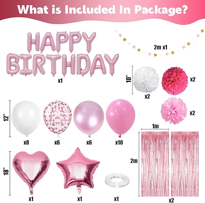 Pink Birthday Decorations for Girls, Pink White Party Balloons Happy Birthday Banner Balloon Star Heart Foil Balloon Fringe Curtain Paper Pompom for Women Bday Party Supplies