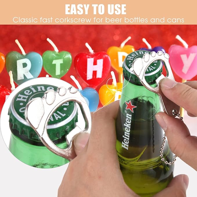 50 PCS Baby Footprint Keychains Bottle Opener, Baby Shower Party Favors Bottle Opener,Baby Shower Favors for Guests with Organza Bag (Silver)