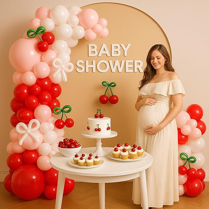 CROSSFINGERS Cherry Red Balloon Garland Arch Kit, Bow Pastel Pink and White Birthday Balloons Garland for Cherry Themed Birthday Baby Shower Wedding Galentine's Bridal Shower Party Decorations