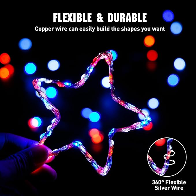 JMEXSUSS 4 Pack 50LED Red White Blue Fairy Lights Battery Operated, 16ft Battery Powered 4th of July Fairy Lights, Indoor Patriotic Lights for Independence Day 4th of July Decorations