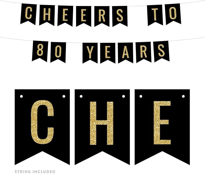 Andaz Press Faux Gold Glitter on Black Birthday Party Banner Decorations, Cheers to 80 Years, Approx 5-Feet, 1-Set, 80th Birthday Milestone Colored Hanging Pennant Decor