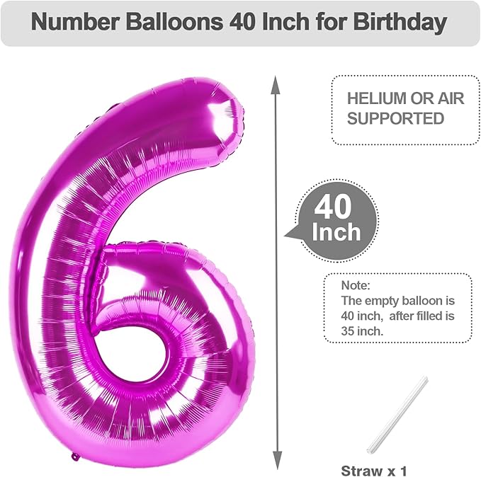 6 Number Balloon, 40 Inch 6 Balloon for Birthday Girl Boy, Rose Purple Balloons for 6, 16, 26, 60, 2026 Graduation, Birthday, Wedding Anniversary, Xmas, Party Supplies