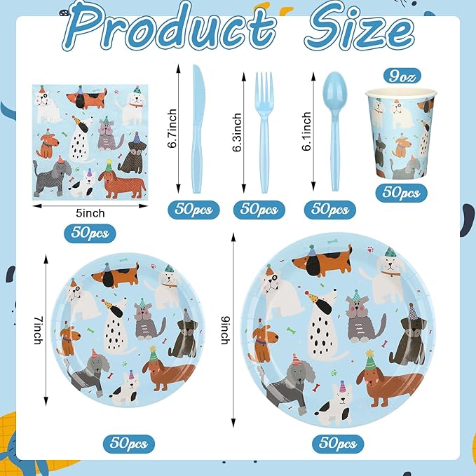 Jinei 350 Pcs Dog Birthday Party Supplies Blue Dog Tableware Set Serves 50 Guests Puppy Birthday Decorations Includes Puppy Plates Cups Napkins Forks Knives Spoons for Party Supplies