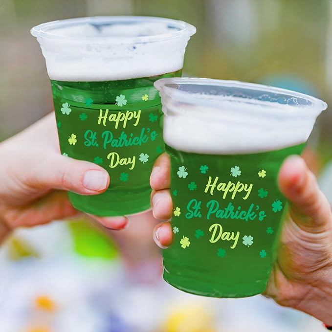 St. Patrick's Day Celebration Pack - 60 Pcs 12oz Irish Themed Plastic Cups with Lucky Shamrock Design, Disposable for Easy Clean-Up, Ideal for Party Supplies & Favors,Irish Party Decorations