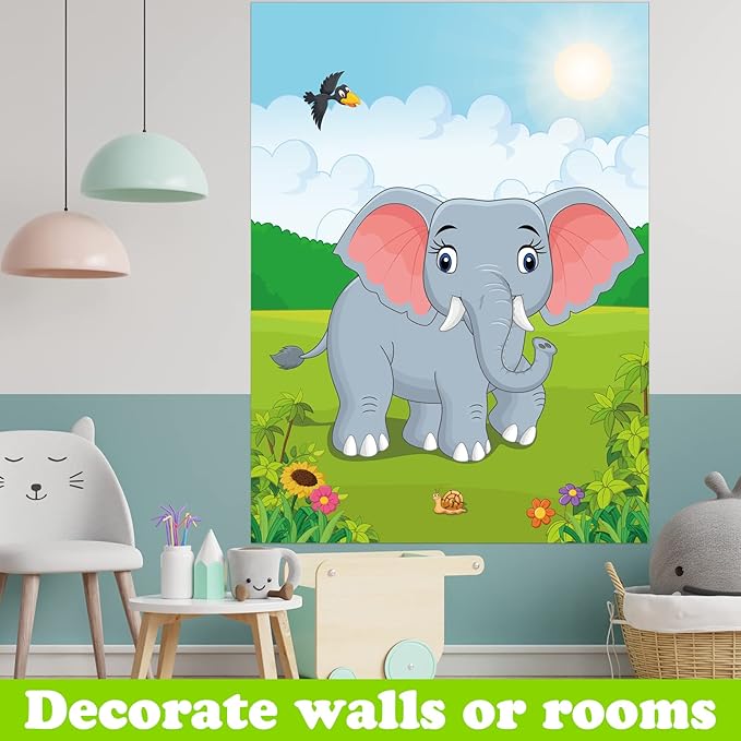PLULON Pin The Nose on The Elephant Party Game with Elephant Nose Stickers for Kids Birthday Party Supplies, Animal Party Carnival Party Supplies