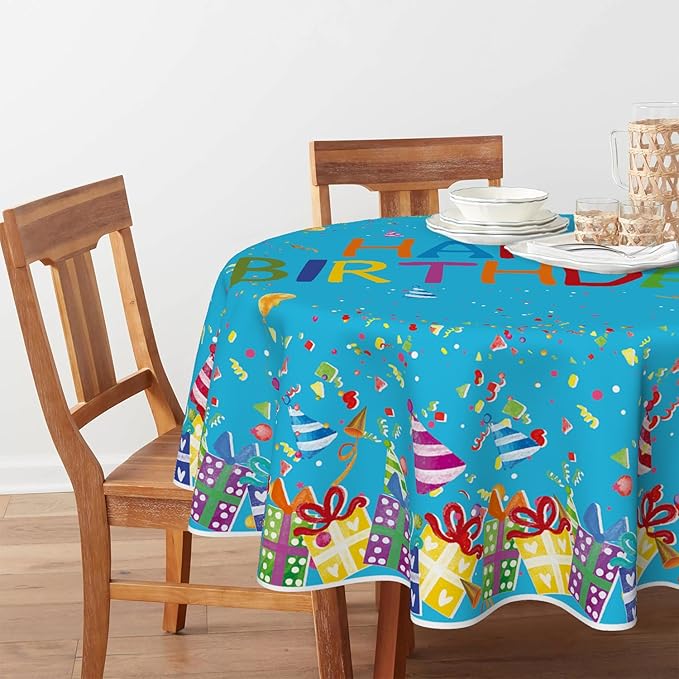Horaldaily Birthday Tablecloth 60x60 Inch Round, Happy Birthday Ballon Blue Washable Seasonal Table Cover for Party Picnic Dinner Decor