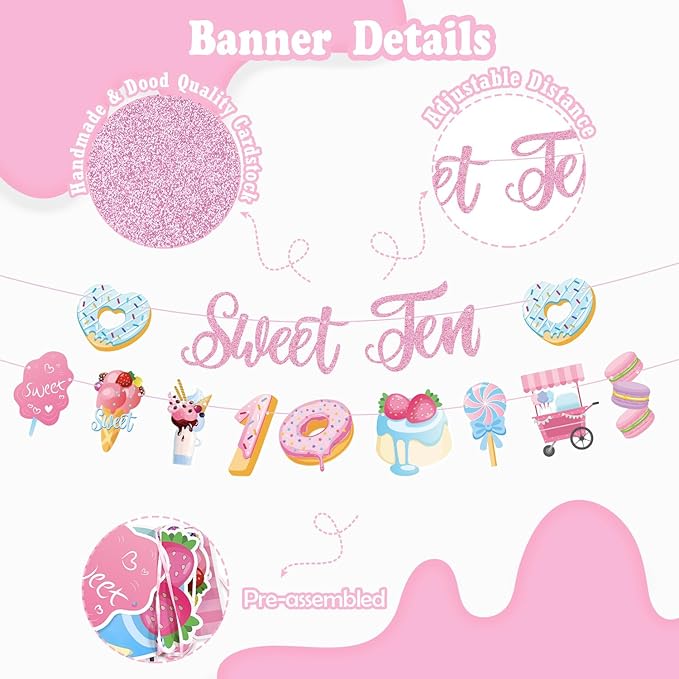 Sweet Ten Birthday Decorations- 10th Birthday Decorations For Girl With Happy 10th Birthday Banner Sweet Ten Cake Topper 10th Foil Balloon For 10th Donut Themed Party Decor Gifts For Teenage