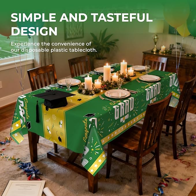 6 Pack Disposable Plastic Tablecloth 54" x 108" Green Class of 2026 Grad Party Table Cloths Disposable for 6 to 8 Foot Tables Graduation Party Indoor or Outdoor (Graduation Green)