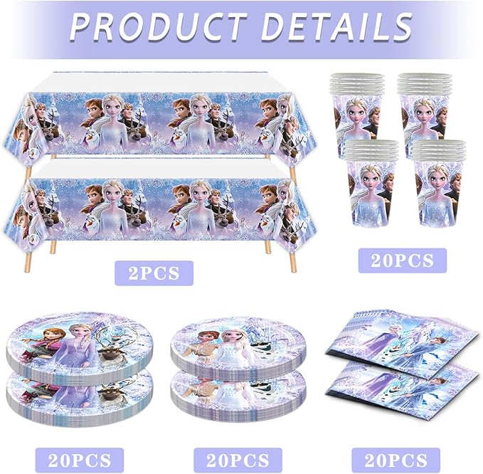 82 PCS Frozen Tableware Sets, Frozen Paper Plates and Napkins Set Includes 40 PCS Paper Plates 20 PCS Napkins 20 PCS Cups 2 PCS Tablecloth for Frozen Party Decorations