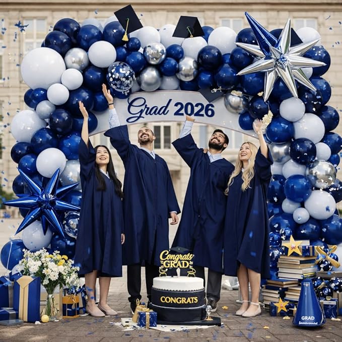 152 pcs Blue White Silver Balloon Garland Arch Kit,Navy Blue Silver Confetti Balloons with Exploding Star Balloons for Graduation Class of 2026 Birthday Wedding Retirement Party Decorations