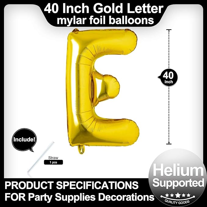 40 Inch Gold Letter E Balloons, DIY Phrase Foil Alphabet Letter E Balloons DIY Word E Banner for Birthday Anniversary Celebration Graduation Party Supplies Decoration