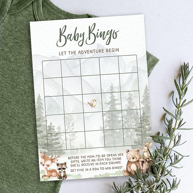 Printed Party Woodland Baby Shower Games for Boy – Set of 4 Games for 30 Guests, Forest Animal Theme, Includes Bingo, Mommy Trivia, Icon Storybook Phrases, and Guess Who Mommy or Daddy