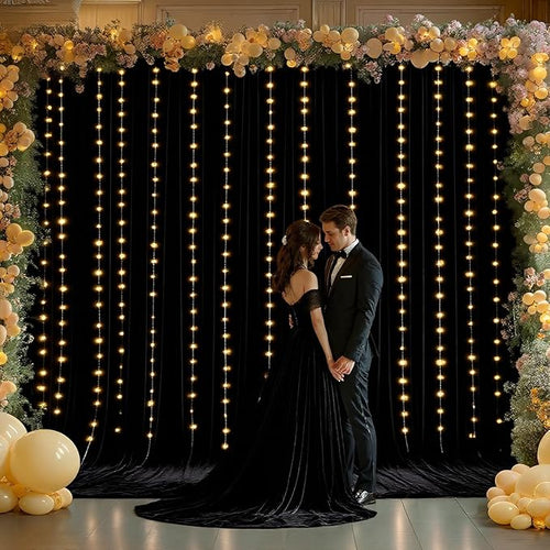 10 x 10ft Black Backdrop Curtains with Lights String for Birthday Party Spandex Photo Background Drapes Wrinkle Free Curtains Backdrop for Party Wedding Reception Baby Shower Ceremony-5 x 10ft x 2P
