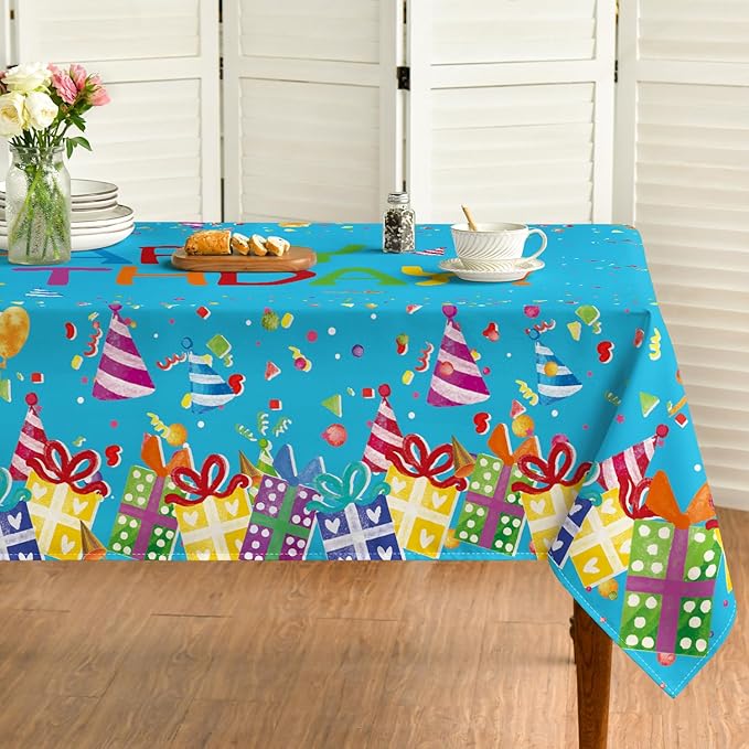 Horaldaily Birthday Tablecloth 60x60 Inch Square, Happy Birthday Ballon Blue Washable Seasonal Table Cover for Party Picnic Dinner Decor