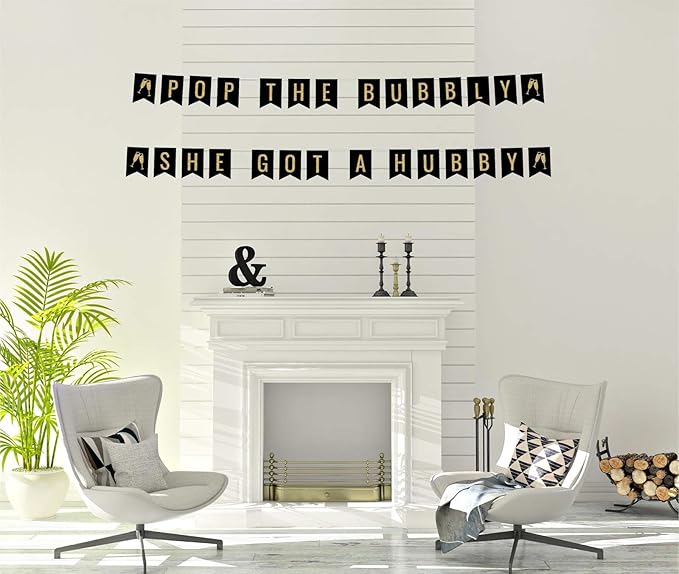 Andaz Press Faux Gold Glitter on Black Alcohol Party Banner Decorations, Pop The Bubbly She Got a Hubby, Champagne, Approx 5-Feet, 1-Set, Wedding Bridal Shower Bachelorette Hanging Pennant Decor