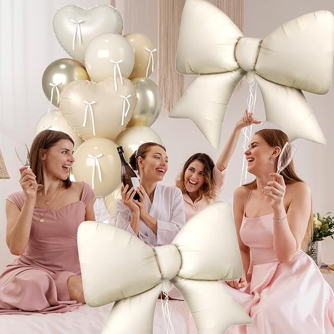 Cream and Apricot Heart Balloons, 38 Inch Bow Balloons, 16PC Champagne Gold Beige Sand White Balloon Helium with Bow Ribbons for Neutral Birthday Wedding Bridal Baby Shower Valentines Day Decorations