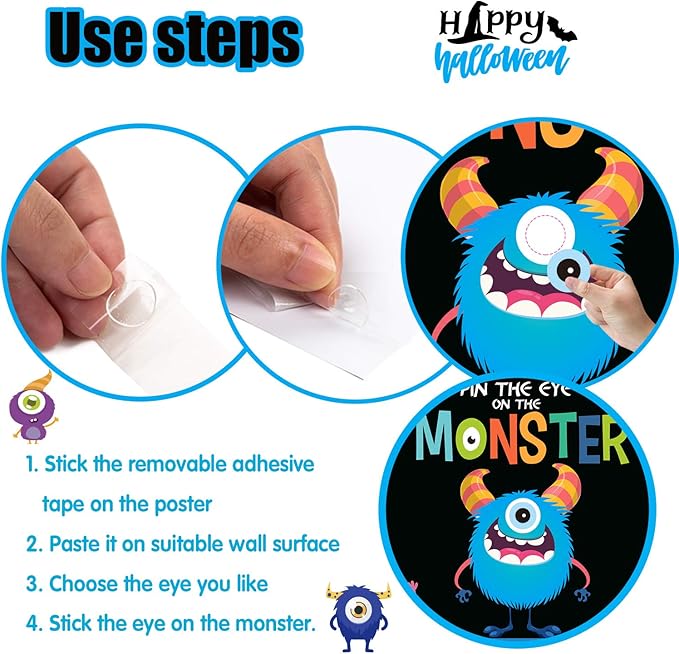 MISS FANTASY Halloween Games Kids - Pin The Eye on The Monster Halloween Party Decorations Gmaes Activities Crafts Supplies for Monster Birthday Family Children Boys Girls Classroom