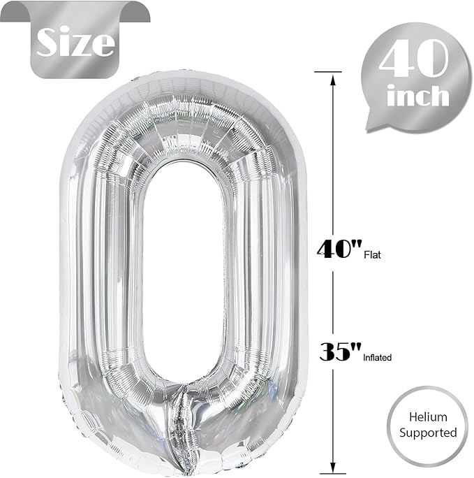 Silver Number 0 Balloon 40 Inch, 0 Balloon Numberfor 10th 20th 30th 40th 50th 60th Birthday Decorations, Silver Party Supplies for Men Women